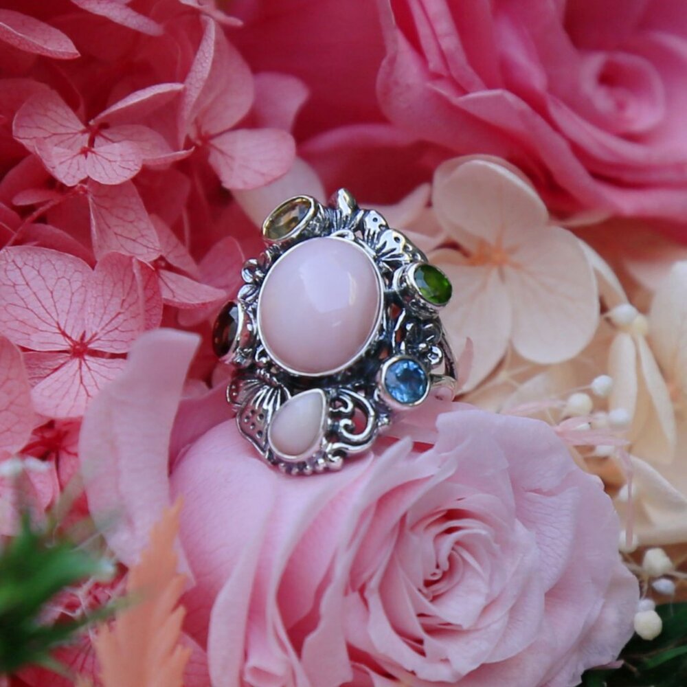 Bali Legacy ✦ Pink Opal & Multi Gemstone Ring ✦ 5.40ctw Sterling Silver Floral - Picture 2 of 16